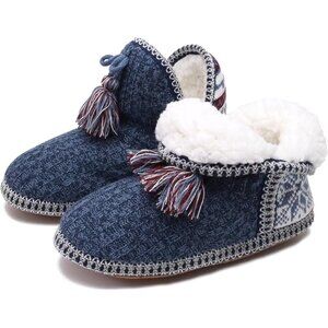 ⚡Women Knit Dark Blue Cotton Knit Faux Cashmere Quilted Warm Ankle Indoor Boots